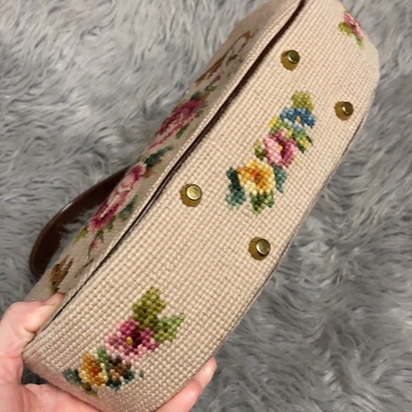 Vintage Floral Needlepoint Clutch with Brown Handle - Picture 3 of 8